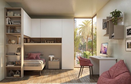 Cameretta a ponte angolare con libreria e scrivania PRIME P101 - Moretti Compact