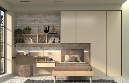 Cameretta con armadio Gola, pannelli Wally e zona studio PRIME P103 - Moretti Compact