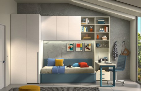 Cameretta con cabina armadio Square, divano letto e scrivania PRIME P106 - Moretti Compact