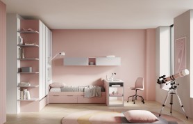 Cameretta Smart 01 a schema libero, vista d'insieme nelle finiture Cipria, Grigio Spatolato e Frassino Sbiancato
