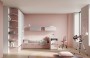 Cameretta Smart 01 a schema libero, vista d'insieme nelle finiture Cipria, Grigio Spatolato e Frassino Sbiancato