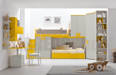 cameretta a soppalco Golf C235 con cabina armadio, letto contenitore e zona studio