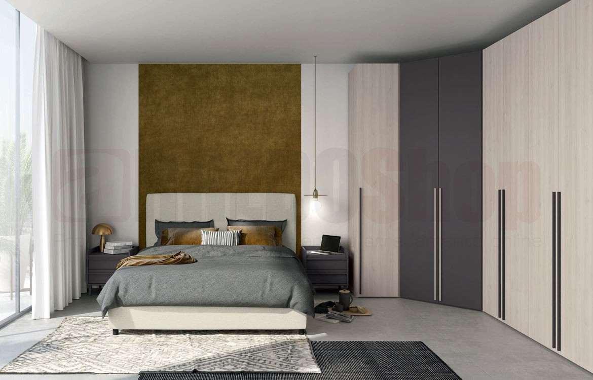 Camera Da Letto Matrimoniale Completa - Letto, Armadio 2 Ante, Comodini, Comò E Specchio - Cemento Scuro E Quercia Dorata - Foto 8