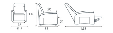 Misure poltrona relax Asia XL: larghezza 81,5 cm, altezza 118 cm, profondita 83 cm, seduta 55 cm, ingombro da aperta 158 cm