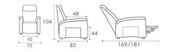 Misure poltrona relax Asia: larghezza 72 cm, altezza 104 cm, profondita 83 cm, seduta 45 cm, ingombro da aperta 169/181 cm