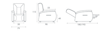Misure poltrona relax Atene: larghezza 50 cm, altezza 113 cm, profondita 98 cm, ingombro da aperta 180/192 cm