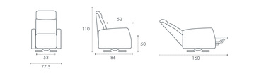 Misure poltrona relax girevole Aurora: larghezza 77,5 cm, altezza 110 cm, profondita 86 cm, seduta 52 cm, ingombro da aperta 160 cm