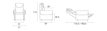 Misure poltrona relax Bea: larghezza 51 cm, altezza 113 cm, ingombro da aperta 173,5/185,5 cm