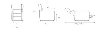Misure poltrona relax Camilla: larghezza 51 cm, altezza 110 cm, profondita 90 cm, ingombro da aperta 172/184 cm