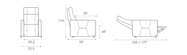 Misure poltrona relax Gaia Yoga Flexx: larghezza 50,5 cm, altezza 116 cm, ingombro da aperta 169/177 cm