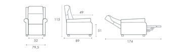 Misure poltrona relax Greta Yoga Flexx: larghezza 52 cm, altezza 115 cm, ingombro da aperta 174 cm