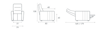 Misure poltrona relax Letizia: larghezza 51 cm, altezza 108 cm, profondita 85 cm, ingombro da aperta 169/179 cm