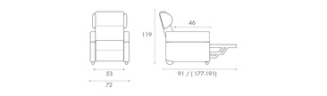 Misure poltrona sanitaria Roby: larghezza 53 cm, altezza 119 cm, profondita 91 cm, ingombro da aperta 177/191 cm