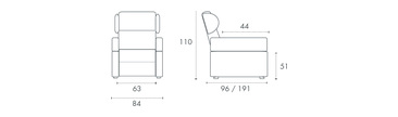 Misure poltrona sanitaria Rocky: larghezza 84 cm, altezza 110 cm, profondita 96 cm, seduta 63 cm, ingombro da aperta 191 cm