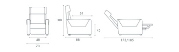 Misure poltrona relax Roma: larghezza 48 cm, altezza 108 cm, profondita 88 cm, ingombro da aperta 173/185 cm