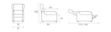 Misure poltrona relax Valentina: larghezza 52 cm, altezza 108 cm, profondita 84 cm, ingombro da aperta 173/183 cm