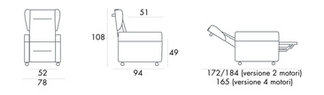 Misure poltrona sanitaria Vita: larghezza 78 cm, altezza 108 cm, profondita 94 cm, seduta 51 cm, ingombro da aperta 172/184 cm nella versione 2 motori