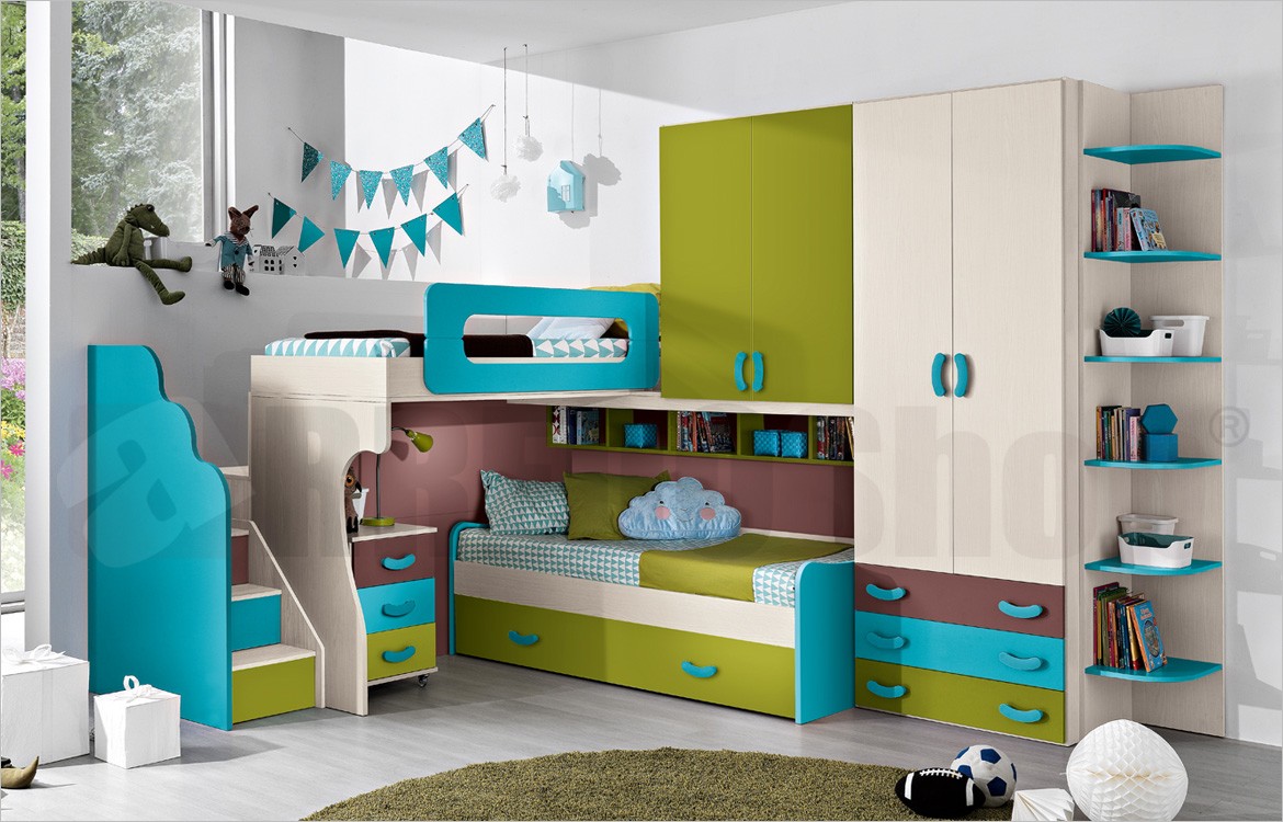 Cameretta A Soppalco Angolare Con 3 Letti Scaletta In Legno E Passerella Retro Omnia 30 Struttura Omnia Betulla 570 Frontali Omnia Turchese 930 Frontali Omnia 2 Verde Acido 910 Frontali Omnia 3 Terra Bruciata 460