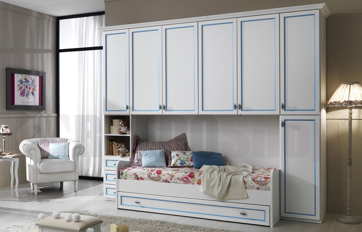 cameretta a ponte dafne color 02 con divano letto completo di due reti dafne color profili frassino bianco azzurro
