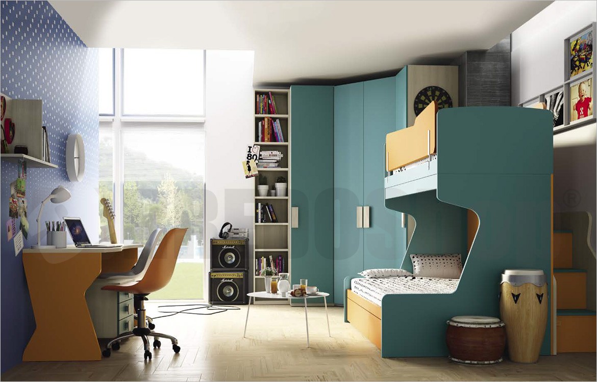 cameretta per bambini con letto a castello e armadio con cabina eresem volo c14 eresem cassa olmo bianco eresem frontali verde oceano eresem frontali